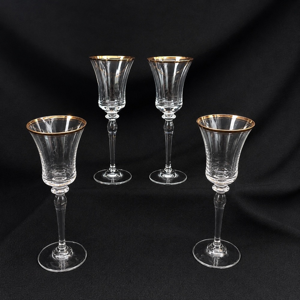 Mikasa Jamestown 4 Gold Crystal Wine Glasses Optic Ribbed Gold Rim 8.75" - Picture 1 of 11